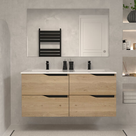 Meuble de salle de bain 140cm double vasque - 4 tiroirs - madera miel (bois clair) - LUNA