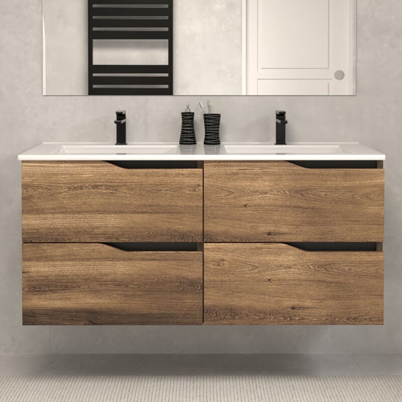 Cosyneo - Meuble de salle de bain 140cm double vasque - 4 tiroirs - sans miroir - tabaco (bois foncé) - luna