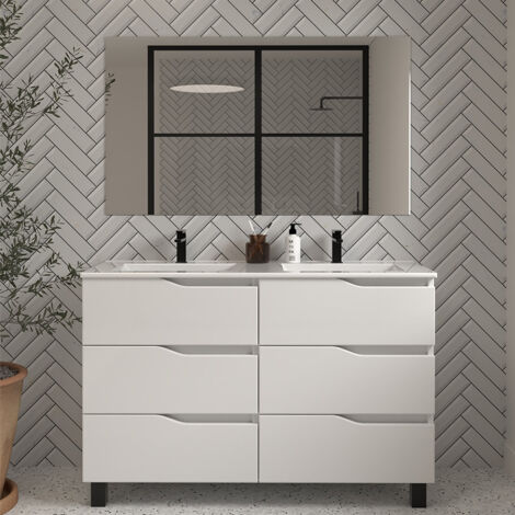 Meuble de salle de bain 140cm double vasque - 6 tiroirs - blanc - MATA