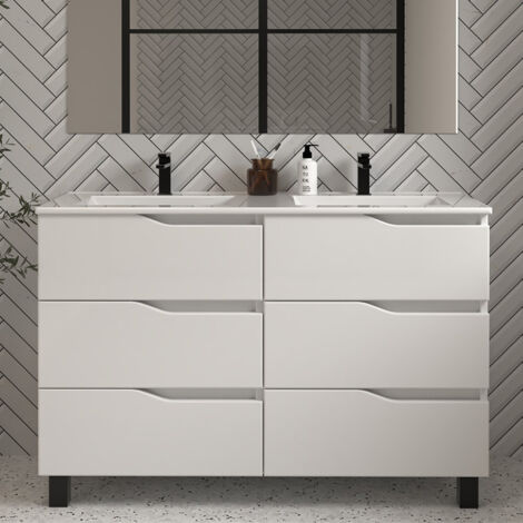 Cosyneo – Meuble double vasque 140cm – 6 tiroirs – sans miroir – blanc mat – Panneaux mélaminés hydrofuges – Fermeture soft close