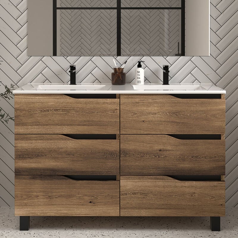 Cosyneo - Meuble de salle de bain 140cm double vasque - 6 tiroirs - sans miroir - tabaco (bois foncé) - mata