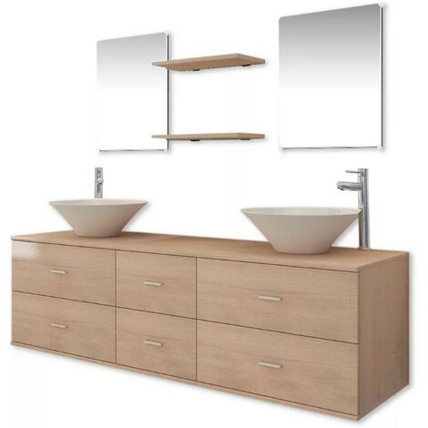 Meuble de salle de bain 15 pièces bois laqué beige Val