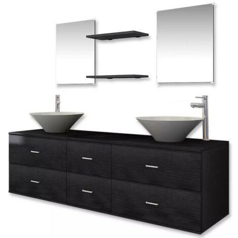 Meuble de salle de bain 15 pièces bois laqué noir Val