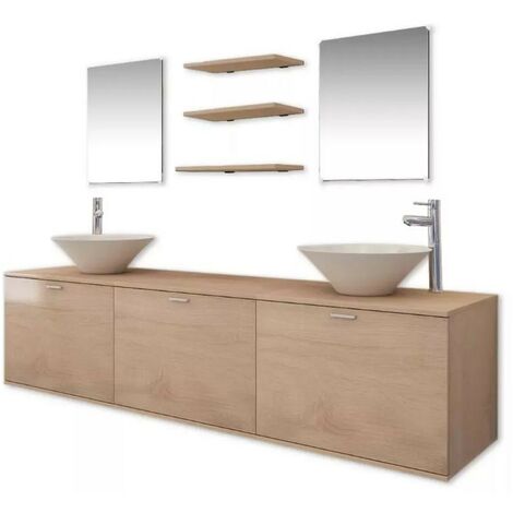 Meuble de salle de bain 16 pièces bois laqué beige Val