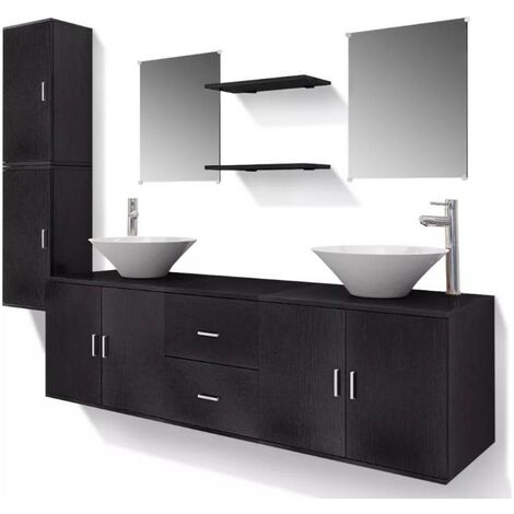 Meuble de salle de bain 17 pièces bois laqué noir Val