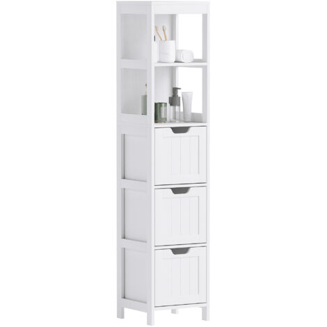 Meuble de salle de bain, 2 étagères, 3 tiroirs, matériau hydrofuge, blanc