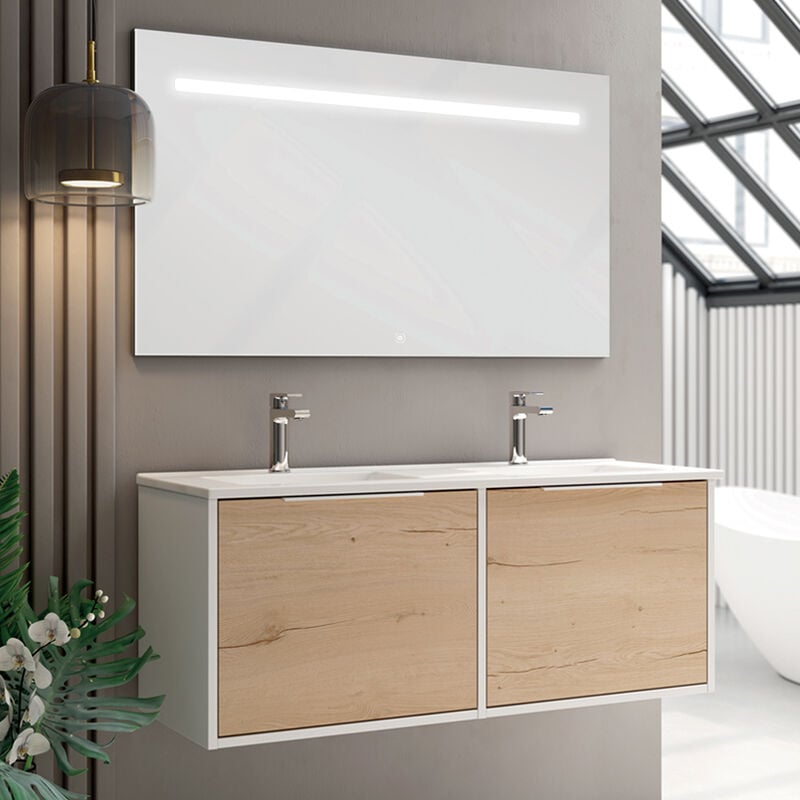 Meuble de salle de bain double vasque - 2 façades et 4 tiroirs - ALBA et miroir Led STAM - 120cm