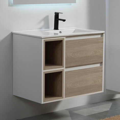 Meuble de salle de bain 2 Tiroirs 2 Niches - Blanc et Chêne Gris - Vasque - 80x46 cm - Scandinave