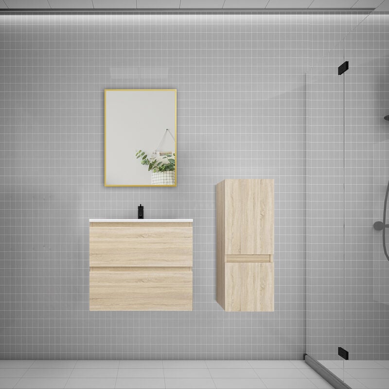 Biubiubath - Ensemble meuble Chêne et vasque L.60cm 2 tiroirs + colonne + lavabo + miroir-suspendu