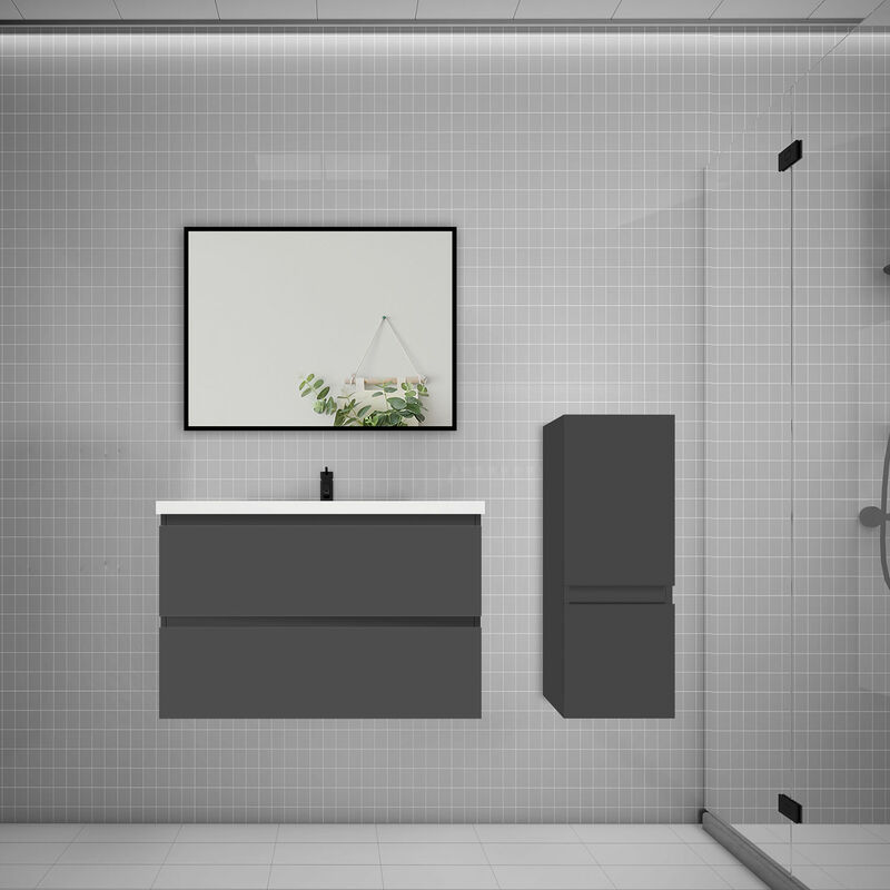Biubiubath - Ensemble meuble Anthracite et vasque L.79cm 2 tiroirs + colonne + lavabo + miroir-suspendu