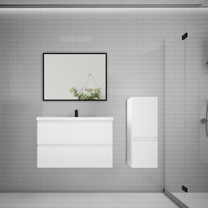 Biubiubath - Ensemble meuble blanc et vasque L.79cm 2 tiroirs + colonne + lavabo + miroir-suspendu
