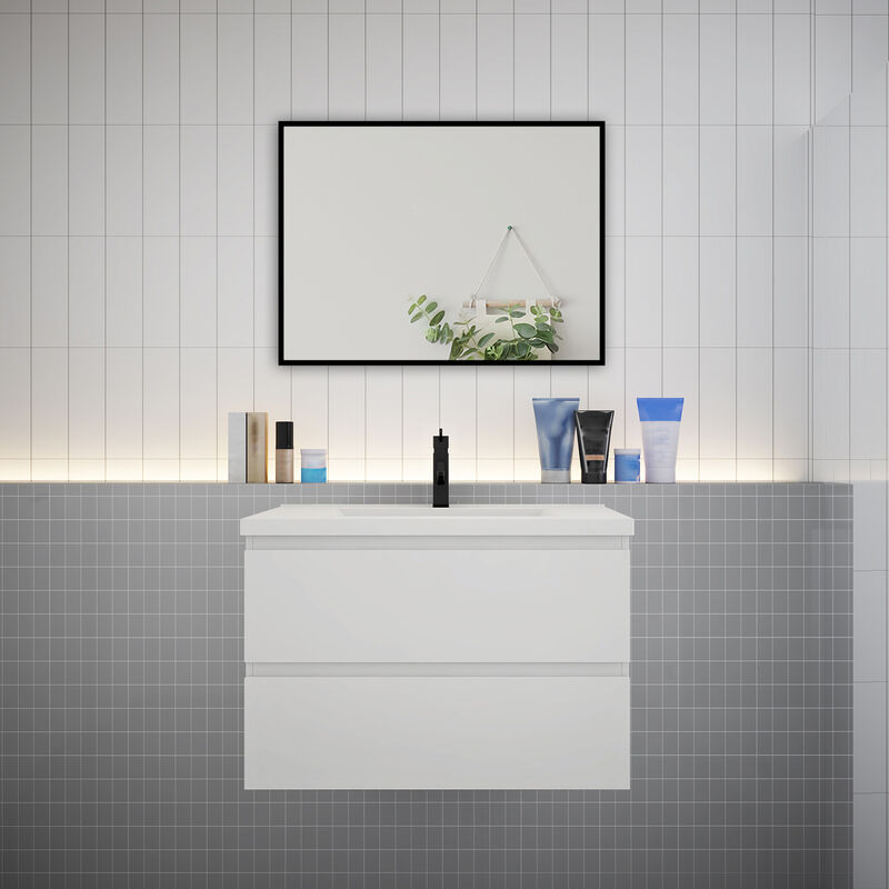 Biubiubath - Meuble de salle de bain 2 tiroirs avec lavabo et miroir encadré–Blanc l.79 x W.44.5 x H.52 cm-suspendu