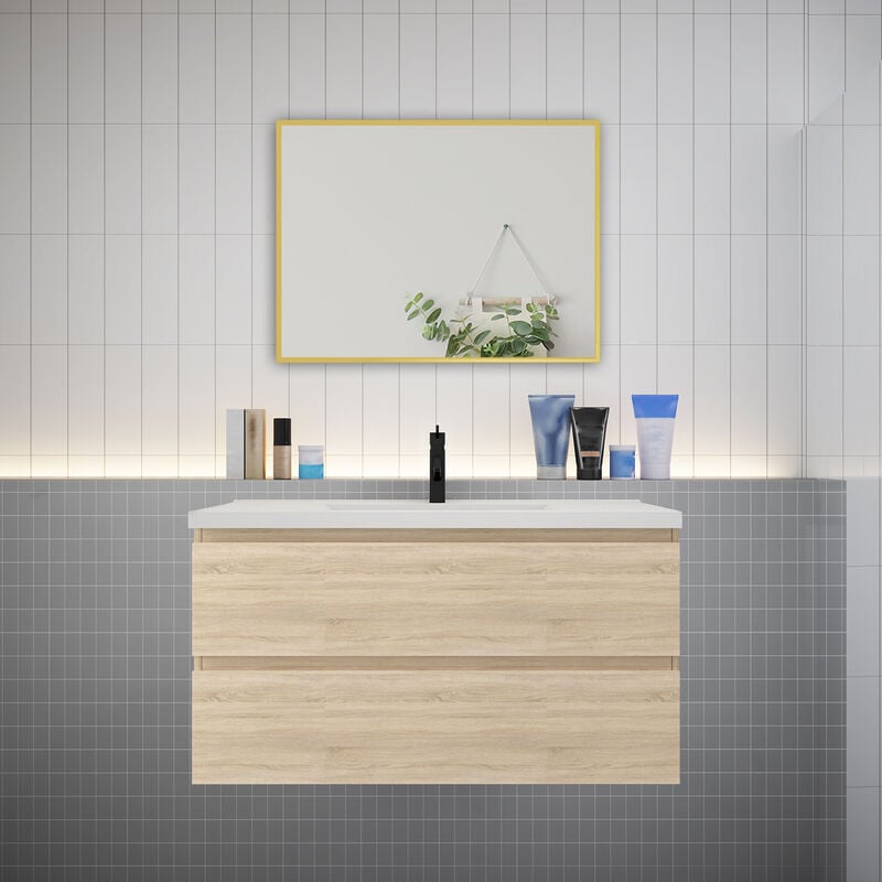 Meuble de salle de bain 2 tiroirs avec lavabo et miroir encadré–Chêne l.99 x W.46 x H.52 cm-suspendu