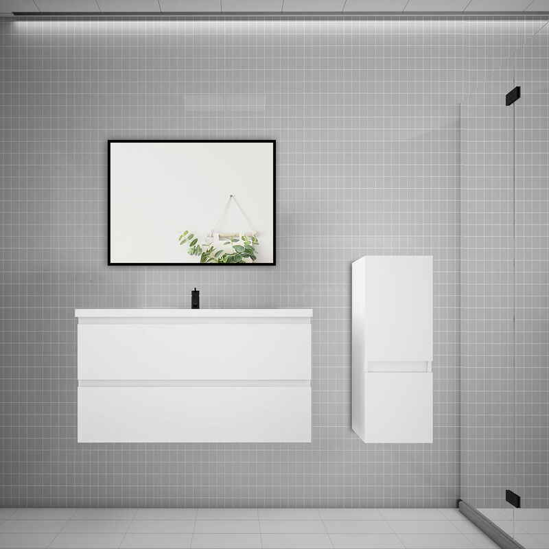 Biubiubath - Ensemble meuble blanc et vasque L.99cm 2 tiroirs + colonne + lavabo + miroir-suspendu