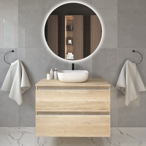 Meuble de salle de bain 2 tiroirs avec vasque à poser arrondie BALEA et miroir rond Led SOLEN - 80cm