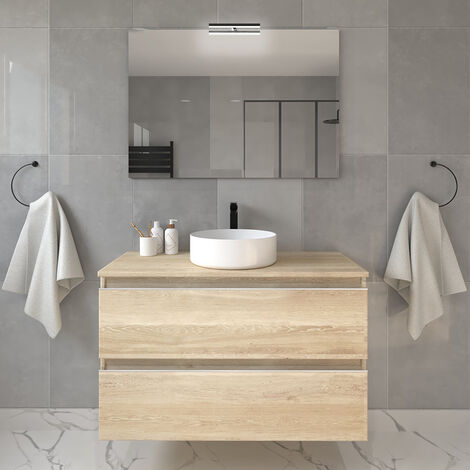 Meuble de salle de bain 2 tiroirs avec vasque à poser ronde et miroir avec applique - bambou (chêne clair) - BALEA - 70cm