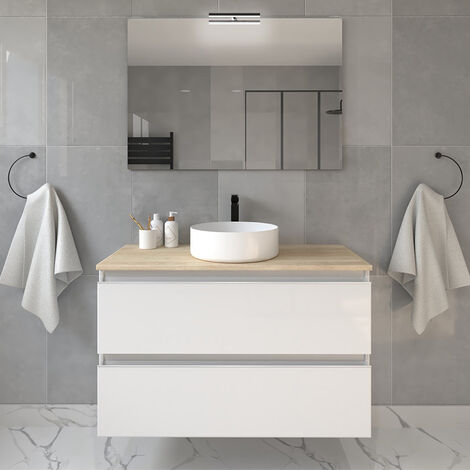 Meuble de salle de bain 2 tiroirs avec vasque à poser ronde et miroir avec applique - blanc - BALEA - 70cm