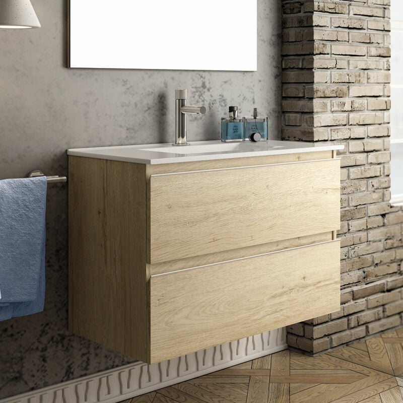 Meuble de salle de bain 80cm simple vasque - 2 tiroirs - sans miroir - bambou (chêne clair) - BALEA