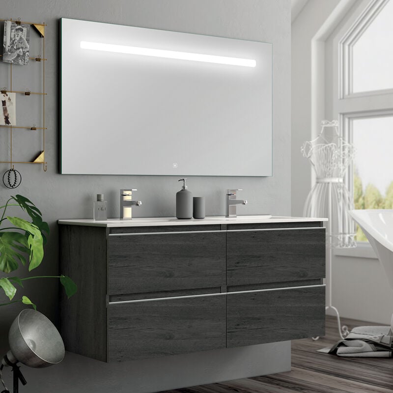 Meuble de salle de bain double vasque - 4 tiroirs - ebony (bois noir) - balea et miroir Led stam - 120cm