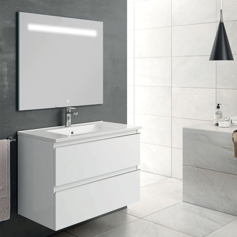Cosyneo - Meuble de salle de bain simple vasque - 2 tiroirs - blanc - balea et miroir Led stam - 70cm
