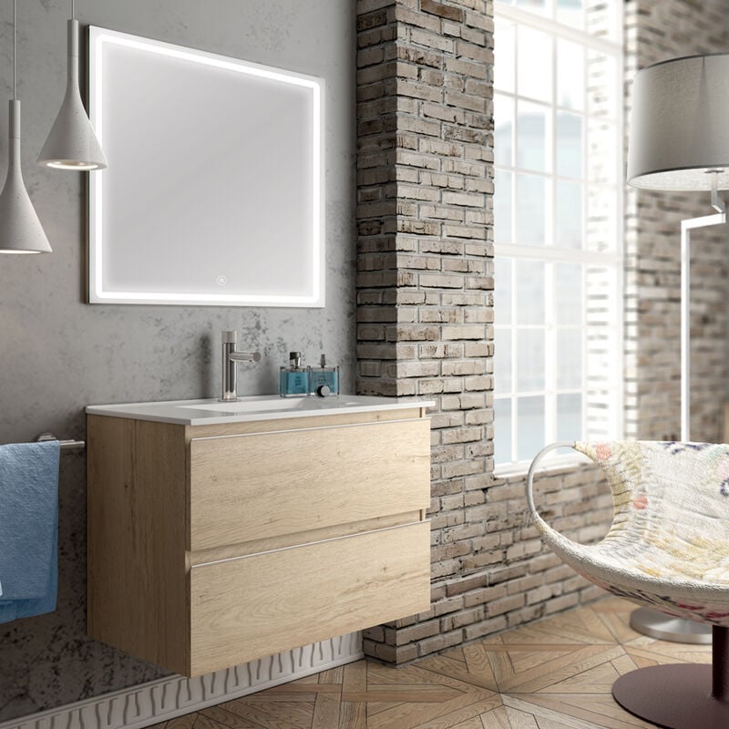 Cosyneo - Meuble de salle de bain simple vasque - 2 tiroirs - bambou (chêne clair) - balea et miroir Led veldi - 80cm