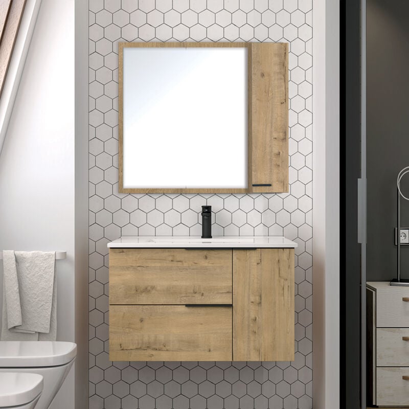 Cosyneo - Meuble de salle de bain 80cm vasque centrée - 2 tiroirs - roble (chêne clair) - king