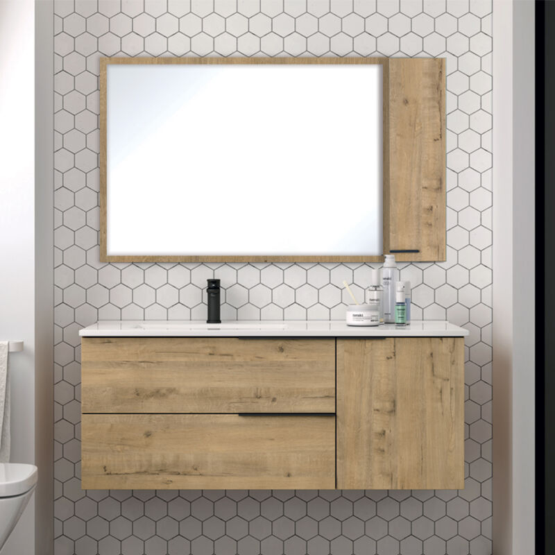 Cosyneo - Meuble de salle de bain 100 cm vasque déportée - 2 tiroirs - miroir avec armoirette - roble (chêne clair) - king