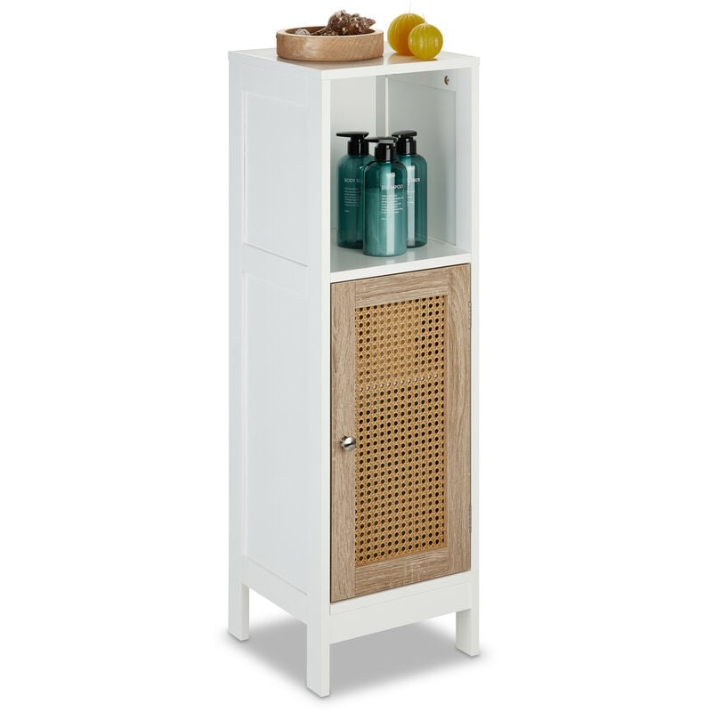 Meuble de salle de bain, 3 compartiments, non fixe, HxLxP: 96,5 x 30 x 30 cm, porte en rotin, blanc - nature - Relaxdays