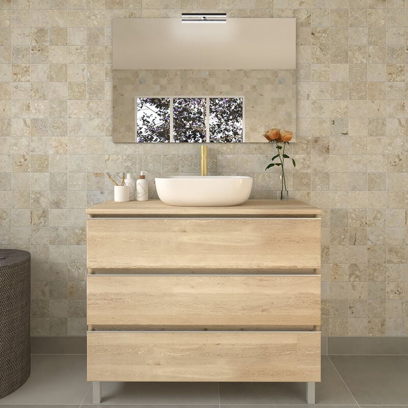 Cosyneo - Meuble de salle de bain 3 tiroirs avec vasque à poser arrondie et miroir avec applique - bambou (chêne clair) - palma - 100cm