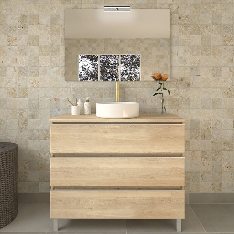 Cosyneo - Meuble de salle de bain 3 tiroirs avec vasque à poser ronde et miroir avec applique - bambou (chêne clair) - palma - 80cm