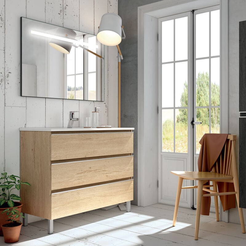 Cosyneo - Meuble de salle de bain simple vasque - 3 tiroirs - bambou (chêne clair) - palma et miroir Led stam - 60cm