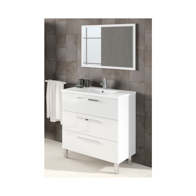 Meuble de salle de bain au sol 80 cm blanc brillant avec miroirs - Argentera - Blanc brillant Avec lampe Led