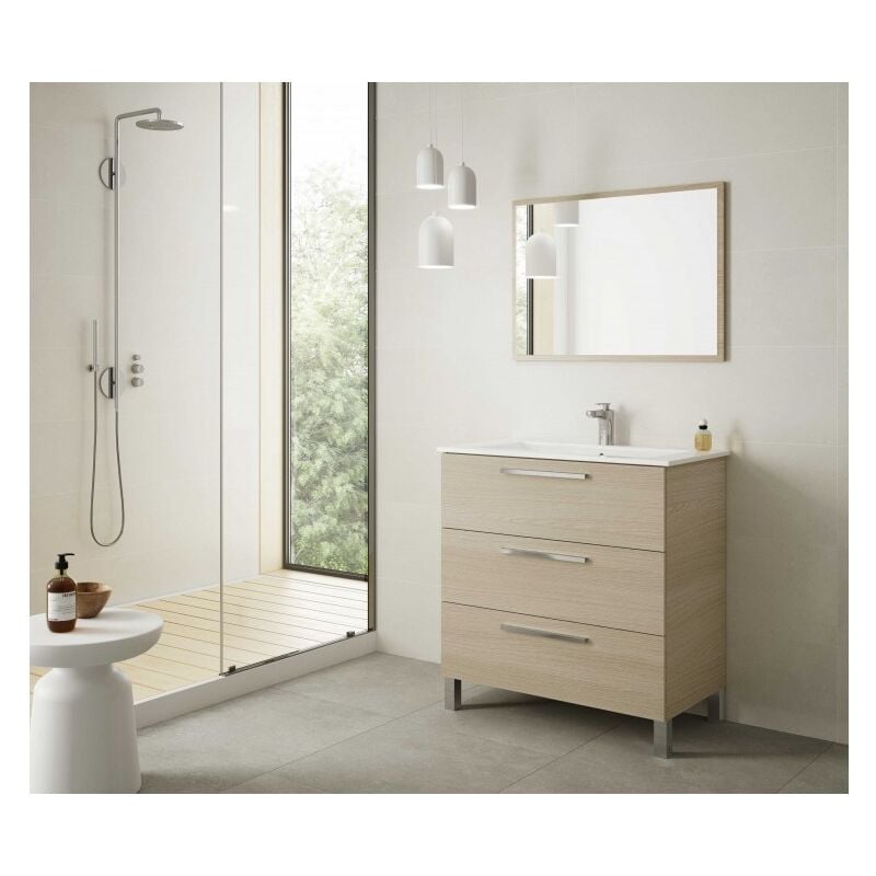 Abitare - Mobile salle de bains au sol 80 cm chêne clair avec miroir - Argentera - Chêne clair Avec lampe Led