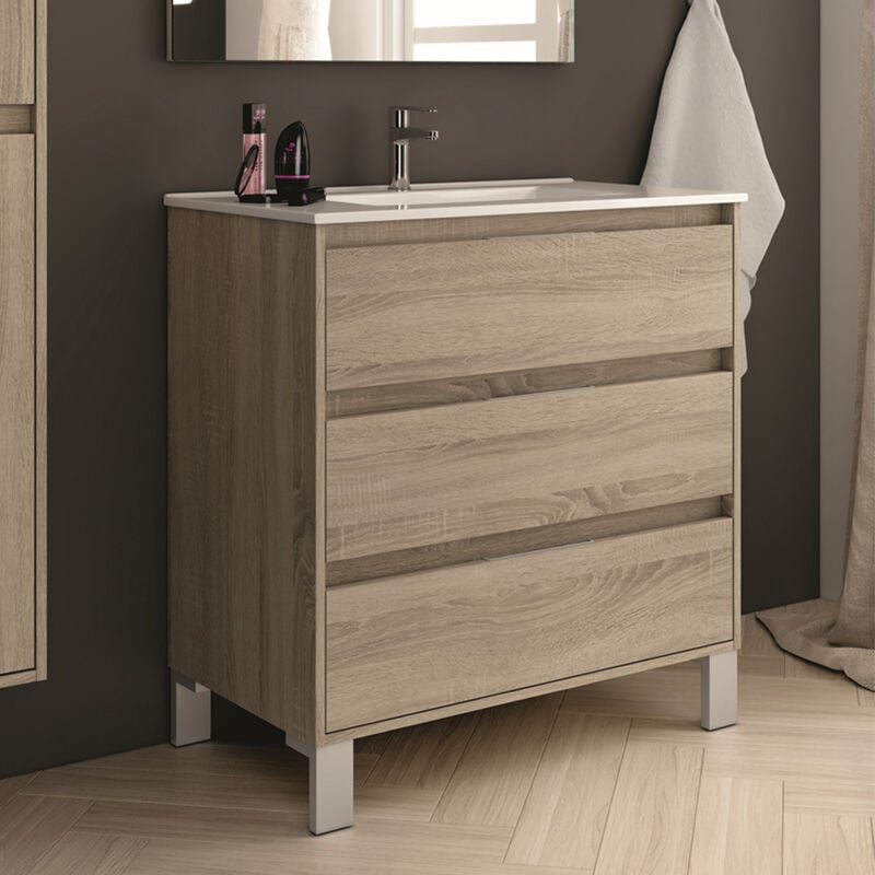 Meuble de salle de bain 80cm simple vasque - 3 tiroirs - sans miroir - cambrian (chêne clair) - TIRIS 3C