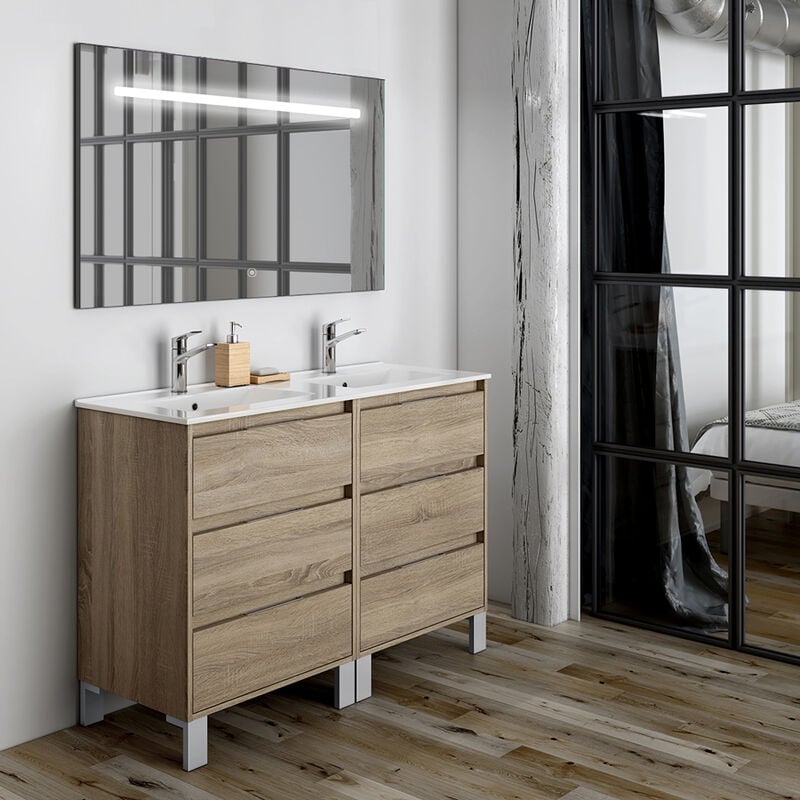 Cosyneo - Meuble de salle de bain double vasque - 6 tiroirs - cambrian (chêne clair) - tiris 3C et miroir Led stam - 120cm