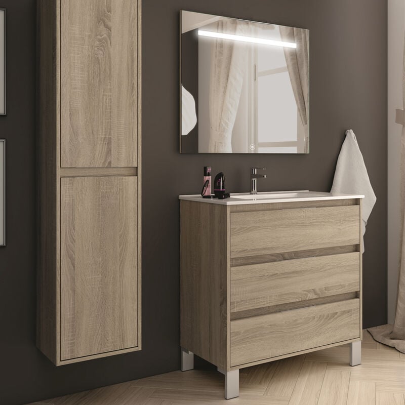 Cosyneo - Meuble de salle de bain simple vasque - 3 tiroirs - cambrian (chêne clair) - tiris 3C et miroir Led stam - 80cm