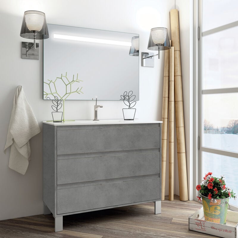 Cosyneo - Meuble de salle de bain simple vasque - 3 tiroirs - ciment (gris) - tiris 3C et miroir Led stam - 100cm