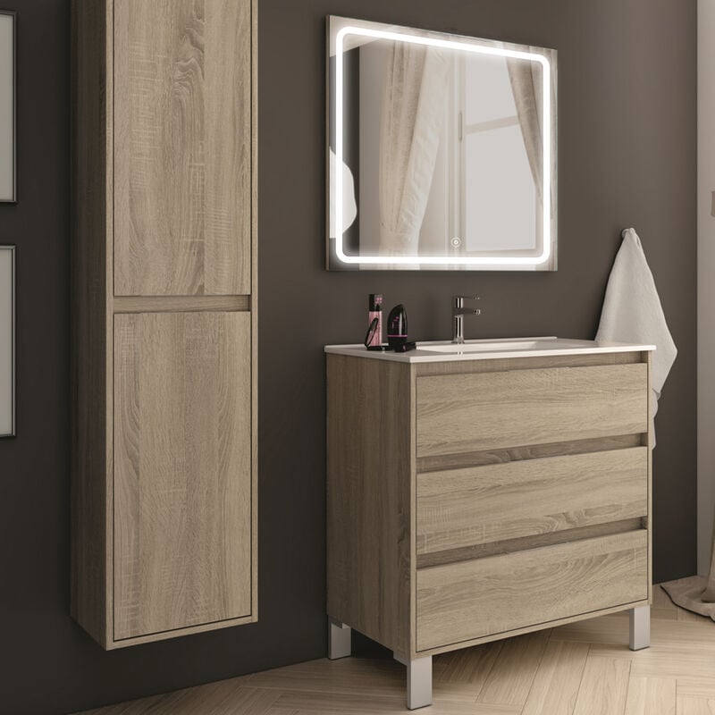 Cosyneo - Meuble de salle de bain simple vasque - 3 tiroirs - cambrian (chêne clair) - tiris 3C et miroir Led veldi - 80cm