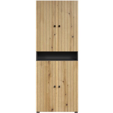 Meuble de salle de bain 4 portes 70x31x188 cm naturel et gris - FRUTZ