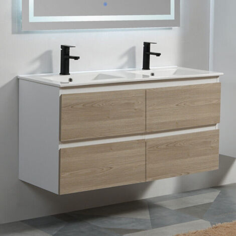 Meuble de salle de bain 4 Tiroirs - Blanc et Chêne Gris - Double vasque - 120x46 cm - Scandinave
