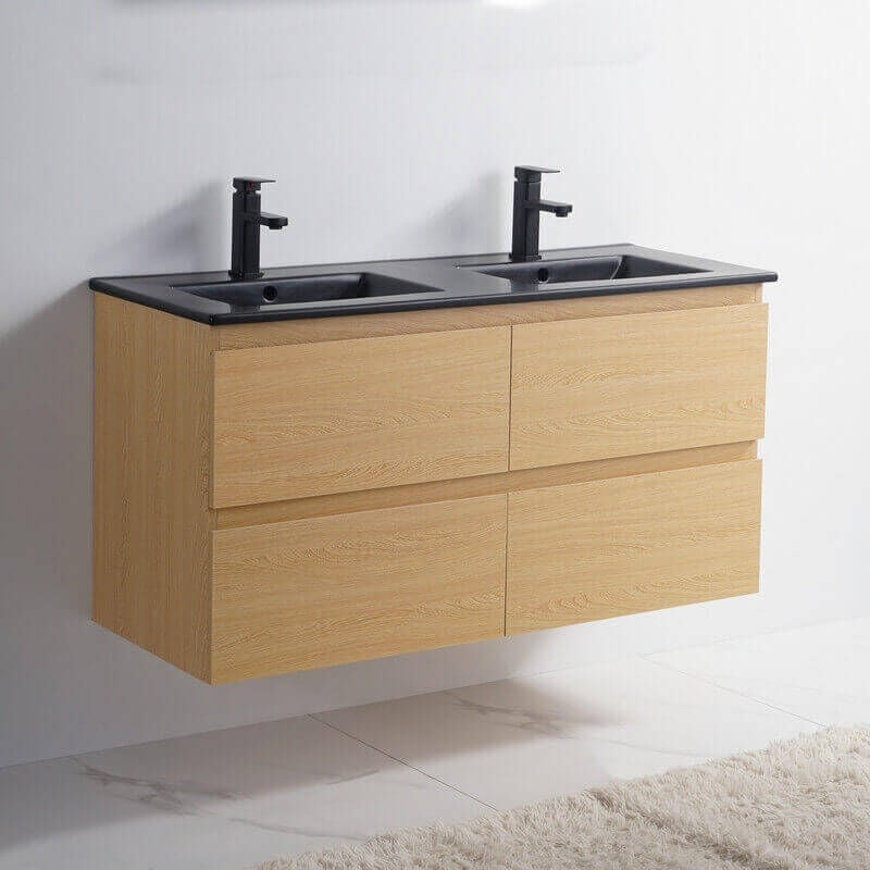 Meuble Chêne clair - Double vasque Céramique Noir Mat - 120 cm - Bali