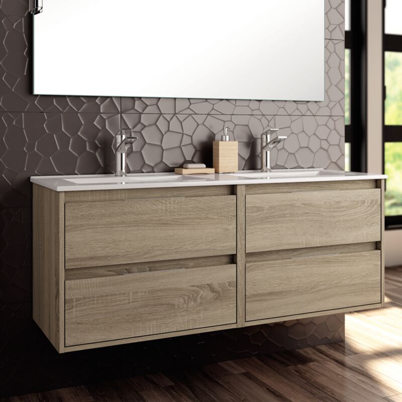 Cosyneo - Meuble de salle de bain 120cm simple vasque - 4 tiroirs - sans miroir - cambrian (chêne clair) - iris