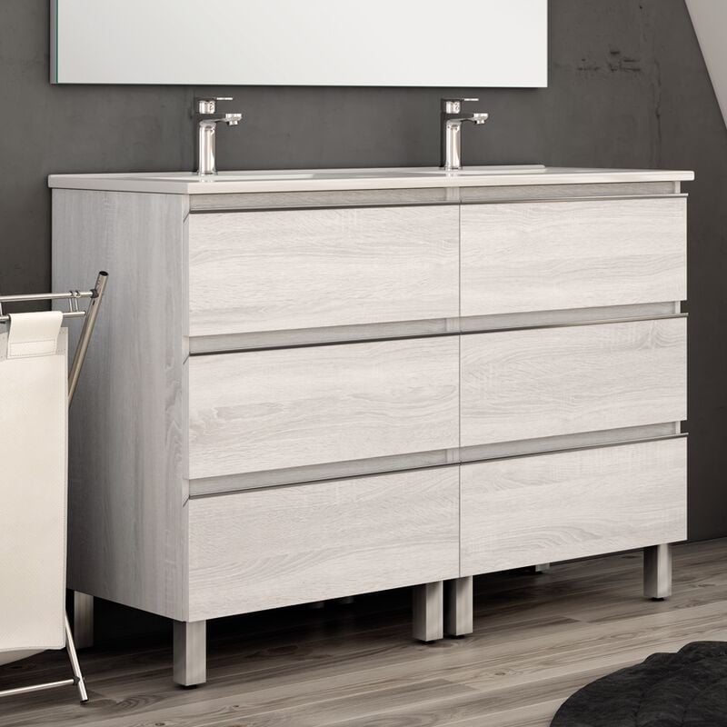 Cosyneo - Meuble de salle de bain 140cm double vasque - 6 tiroirs - sans miroir - hibernian (bois blanchi) - palma