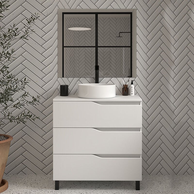 Cosyneo - Meuble de salle de bain 60 avec plateau et vasque à poser - 3 tiroirs - blanc - mata