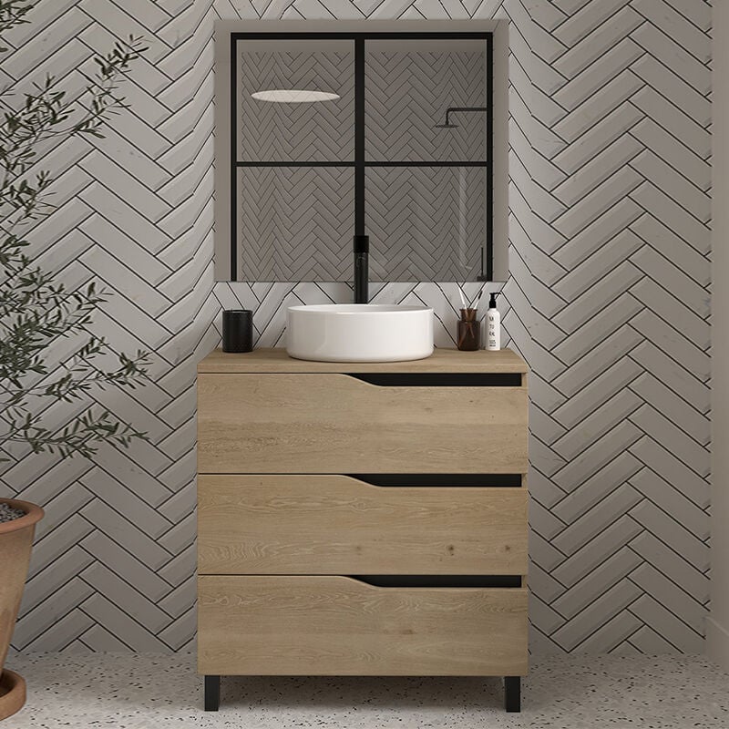 Cosyneo - Meuble de salle de bain 60 avec plateau et vasque à poser - 3 tiroirs - madera miel (bois clair) - mata