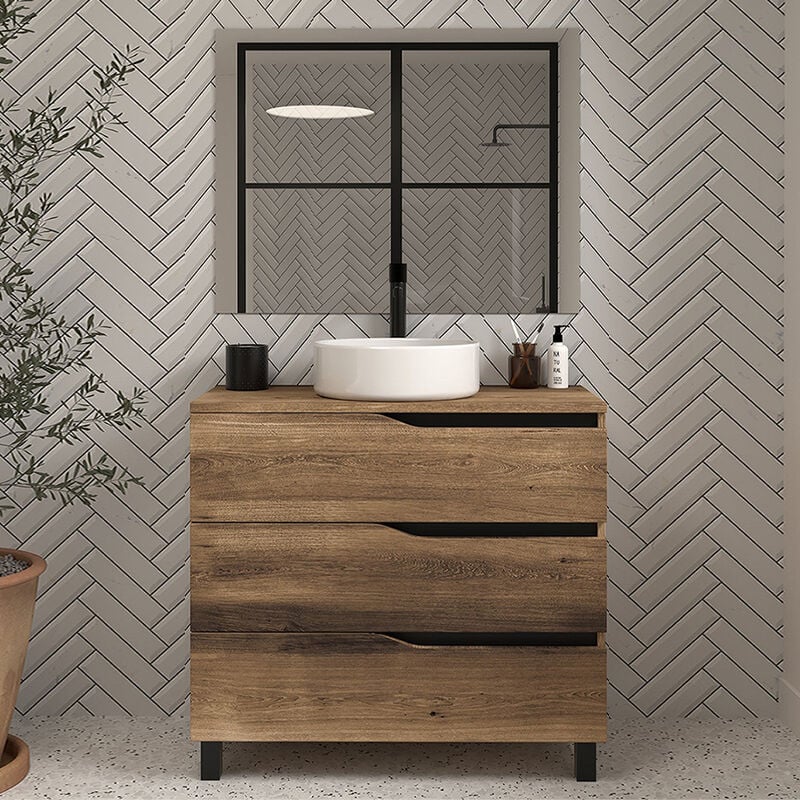 Cosyneo - Meuble de salle de bain 60 avec plateau et vasque à poser - 3 tiroirs - tabaco (bois foncé) - mata