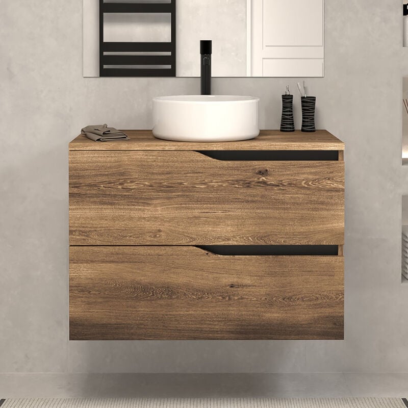 Meuble de salle de bain 60 avec plateau et vasque à poser - sans miroir - 2 tiroirs - tabaco (bois foncé) - luna