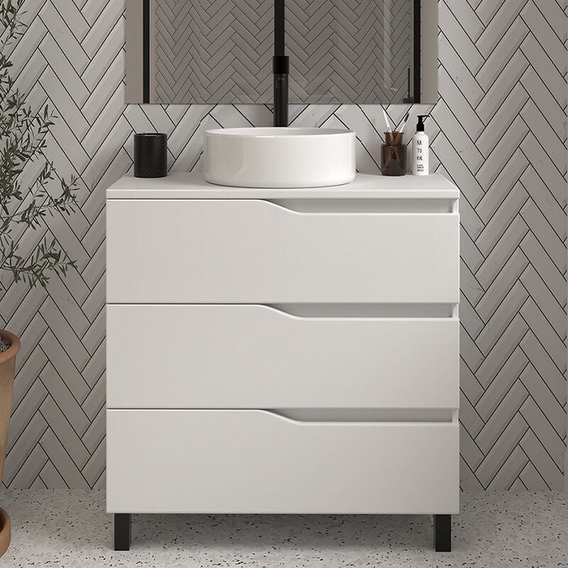 Meuble de salle de bain 60 avec plateau et vasque à poser - sans miroir - 3 tiroirs - blanc - mata