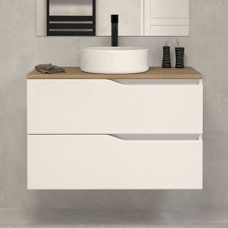 Meuble de salle de bain 60cm avec plateau miel et vasque à poser - sans miroir - 2 tiroirs - blanc - luna