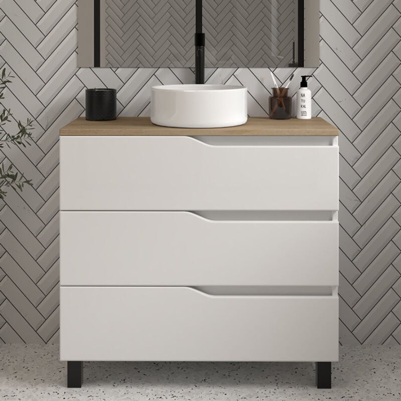 Cosyneo - Meuble de salle de bain 60cm avec plateau miel et vasque à poser - sans miroir - 3 tiroirs - blanc - mata